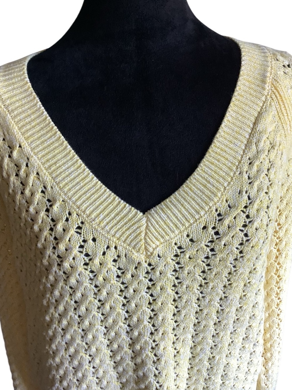 Tibolts Open Knit Sweater Women’s Medium Yellow 100% Cotton V-Neck - Picture 5 of 7
